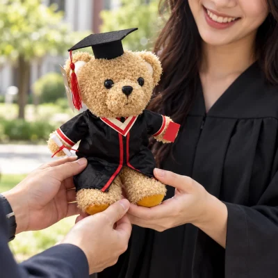Gấu bông tốt nghiệp cỡ 25cm, áo đen viền đỏ – gợi ý trao quà trong dịp tốt nghiệp