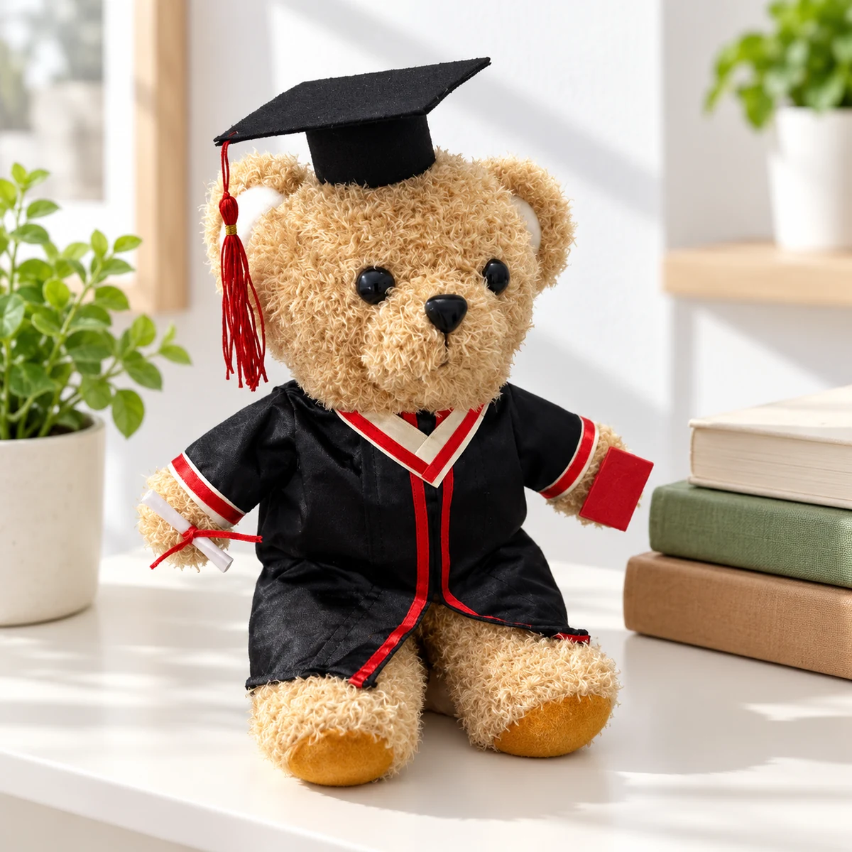 Gấu bông tốt nghiệp cỡ 25cm, áo đen viền đỏ – đặt kỷ vật ở góc bàn hoặc kệ