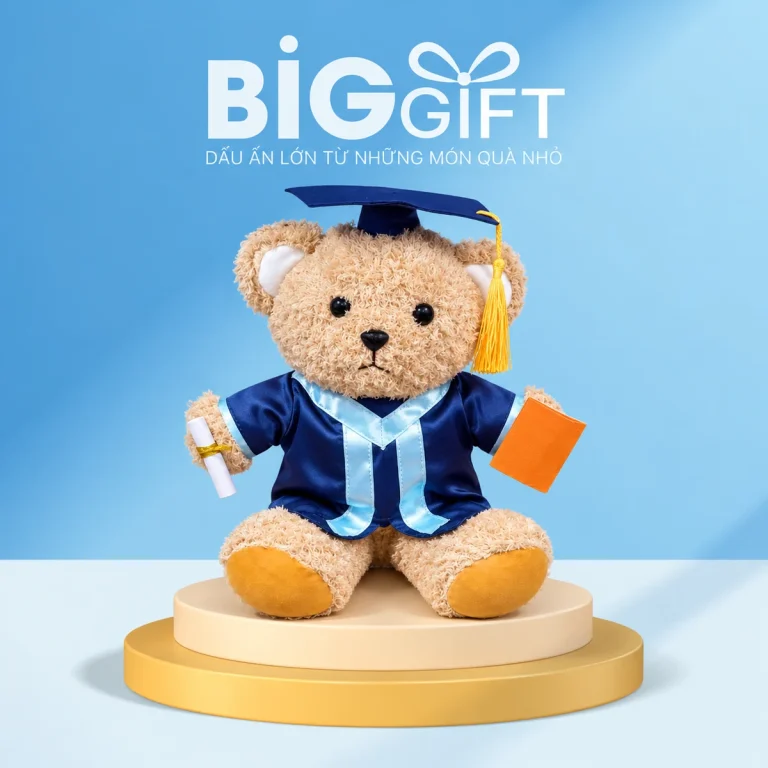 Gấu bông tốt nghiệp cỡ 25 cm, áo xanh