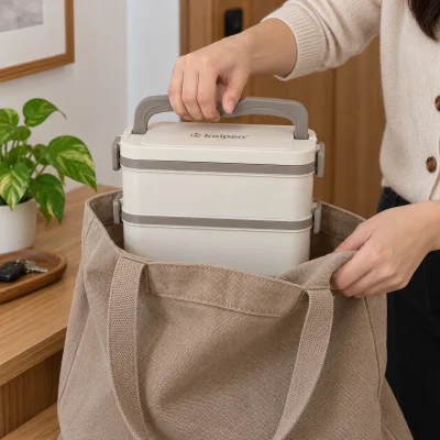 Cảnh đặt hộp AR10 đã đóng hai tầng vào túi mở