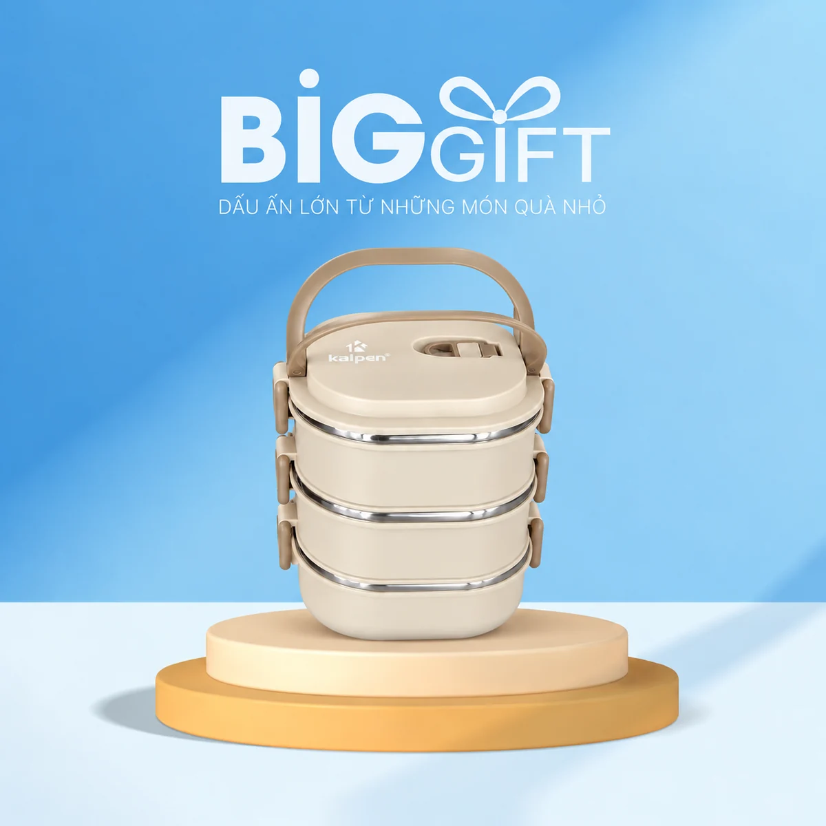 Hộp cơm Kalpen AR11 màu kem ba tầng trên nền BigGift