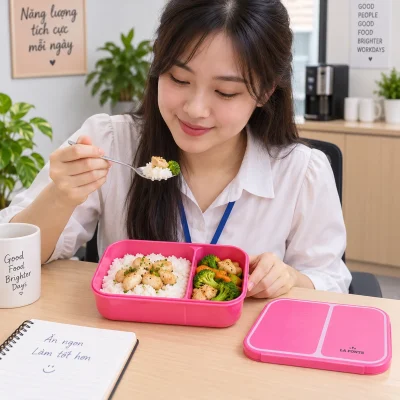 Cảnh dùng bữa từ hộp La Fonte hồng hai ngăn tại văn phòng