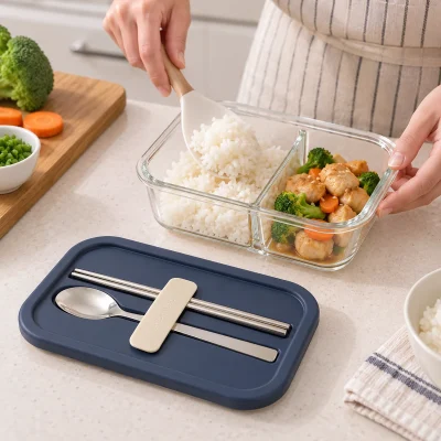 Cảnh chuẩn bị bữa ăn trong hai vùng hộp thủy tinh nắp navy tại nhà