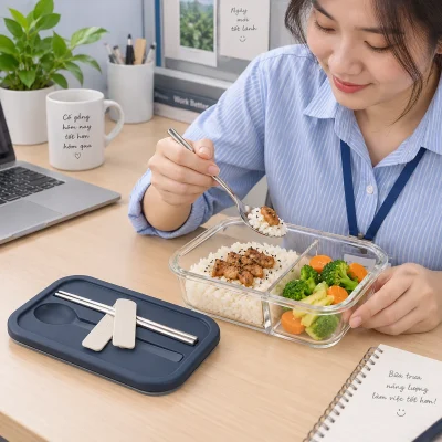 Cảnh dùng bữa với hộp chia ngăn nắp navy tại văn phòng