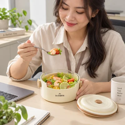 Cảnh dùng bữa từ hộp La Fonte tròn trên bàn văn phòng