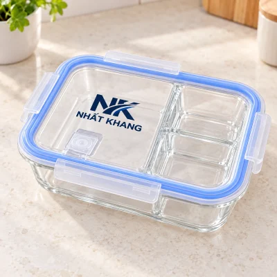 Hộp thủy tinh Nikko chữ nhật 1.040 ml ba ngăn – logo rõ trên khoảng nắp trong