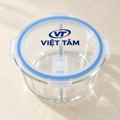 Hộp thủy tinh Nikko tròn 950 ml hai ngăn – logo lớn trên vùng nắp trống