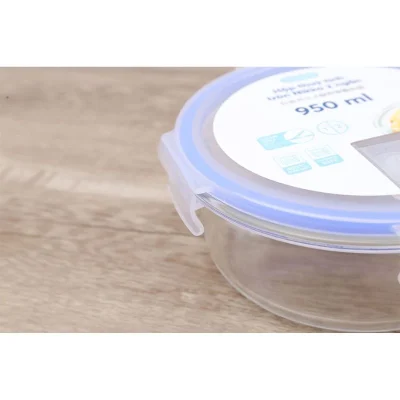 Hộp thủy tinh Nikko tròn 950 ml hai ngăn – xem cận khóa và phần viền nắp