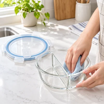 Hộp thủy tinh Nikko tròn 950 ml hai ngăn – làm sạch phần thân chia hai ngăn