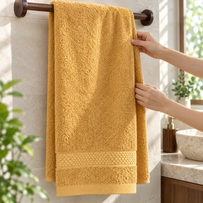 Khăn tắm Cotton 70 × 140 cm màu vàng – gợi ý dùng và treo khăn trong phòng tắm