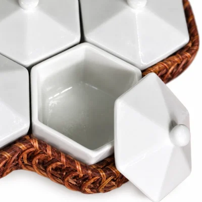 Khay mứt tổ ong bảy hũ sứ trắng kèm khay đan – chi tiết sản phẩm