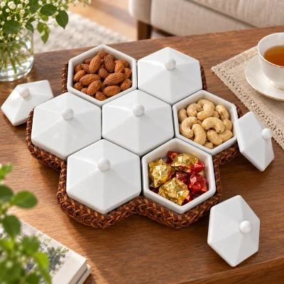 Khay mứt tổ ong bảy hũ sứ trắng kèm khay đan – gợi ý sử dụng