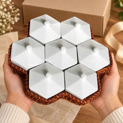 Khay mứt tổ ong bảy hũ sứ trắng kèm khay đan – gợi ý trao quà
