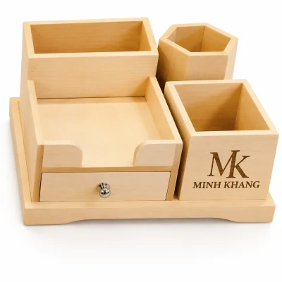 Khay ống bút gỗ nhiều ngăn có ngăn kéo 19×8,5×8,5 cm – logo khắc rõ trên mặt ống phía trước