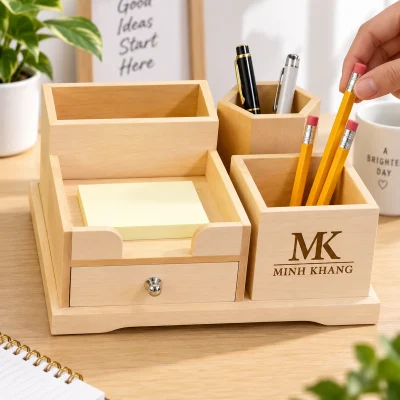 Khay ống bút gỗ nhiều ngăn có ngăn kéo 19×8,5×8,5 cm – bút và giấy ghi chú có chỗ riêng