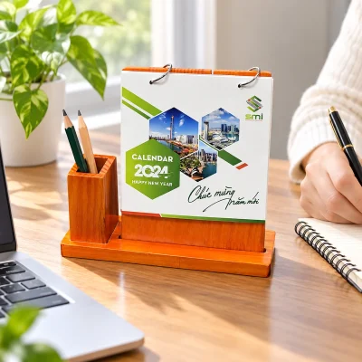 Lịch để bàn gỗ nâu cam kèm hộp bút bên trái – hình dung góc ghi chép tại bàn làm việc