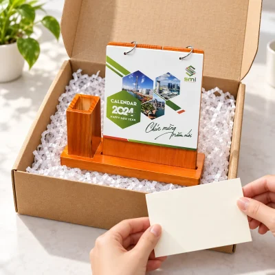 Lịch để bàn gỗ nâu cam kèm hộp bút bên trái – phối hộp và thiệp cho bộ quà