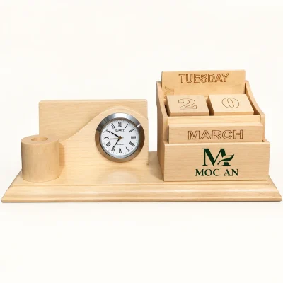Lịch gỗ để bàn 2 khối ngày, 18 × 7 × 8,5 cm – nhận diện ở mặt trước cụm lịch