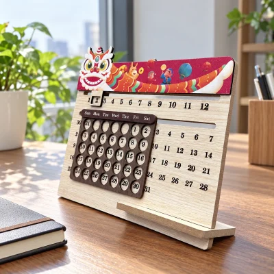 Lịch gỗ để bàn dạng trượt, họa tiết múa lân – một điểm nhấn sáng trên bàn làm việc