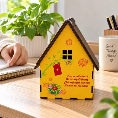 Lịch gỗ hình ngôi nhà họa tiết Tết màu vàng – tạo một góc bàn có hình thức tết