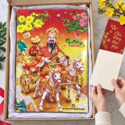 Lịch tráng gương họa tiết Thần Tài – chuẩn bị hộp và thiệp theo dáng chữ nhật