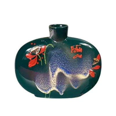 Lọ hoa dáng dẹp men kim sa xanh, họa tiết Bình An, cao 21 cm – ảnh thực tế