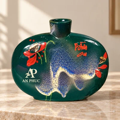 Lọ hoa dáng dẹp men kim sa xanh, họa tiết Bình An, cao 21 cm – minh họa in logo