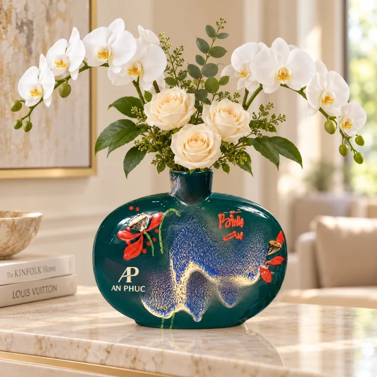 Lọ hoa dáng dẹp men kim sa xanh, họa tiết Bình An, cao 21 cm