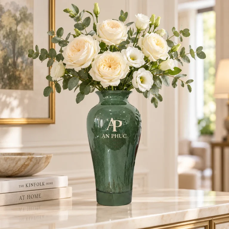 Lọ hoa dáng đùi dế men hỏa biến xanh rêu, cao 32 cm