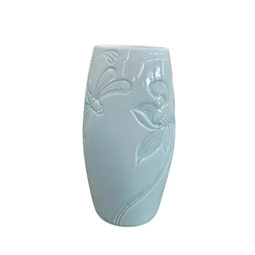 Lọ hoa men ngọc xanh nhạt, họa tiết sen nổi, cao 27 cm – ảnh thực tế