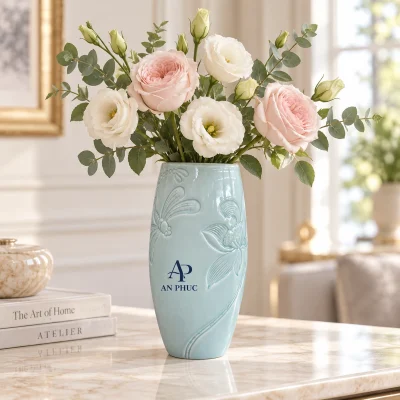 Lọ hoa men ngọc xanh nhạt, họa tiết sen nổi, cao 27 cm – gợi ý sử dụng