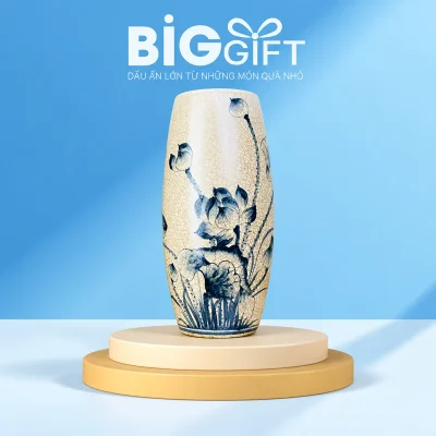 Lọ hoa men rạn màu kem vẽ sen xanh, cao 29 cm – hình giới thiệu sản phẩm
