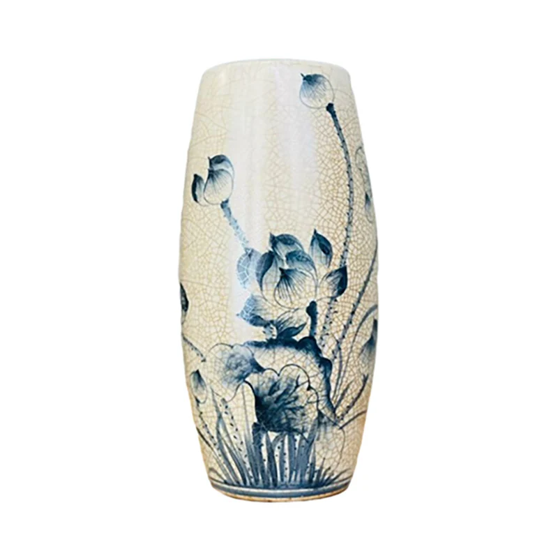 Lọ hoa men rạn màu kem vẽ sen xanh, cao 29 cm – ảnh thực tế