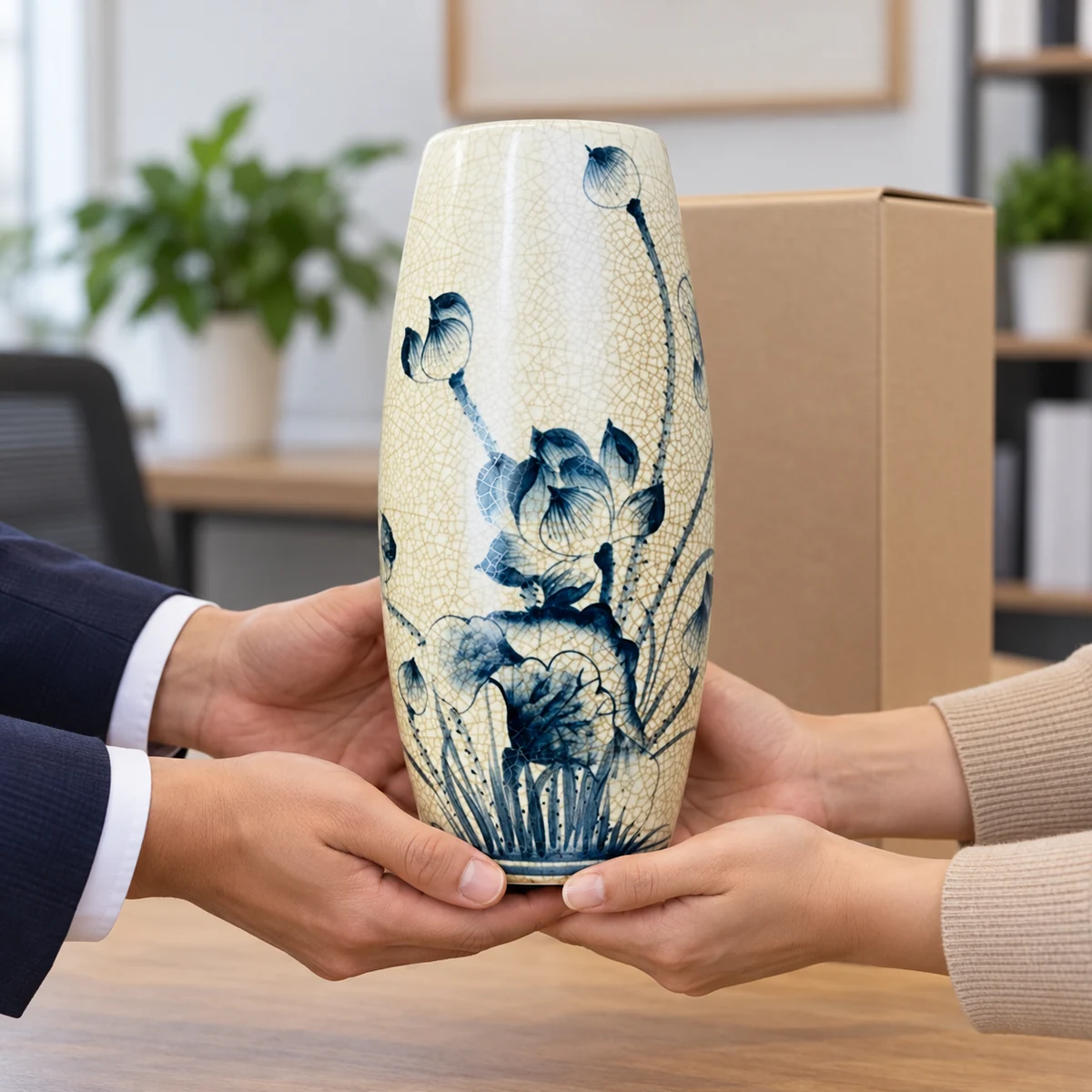 Lọ hoa men rạn màu kem vẽ sen xanh, cao 29 cm – gợi ý trao quà