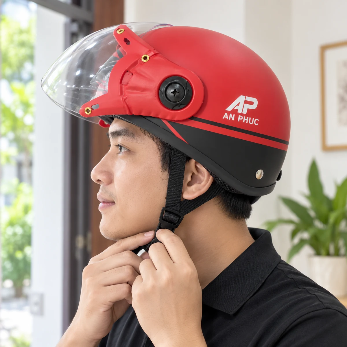 Mũ bảo hiểm 1/2 ABS có kính phối đỏ đen – hình dung khi đội và kiểm tra độ vừa