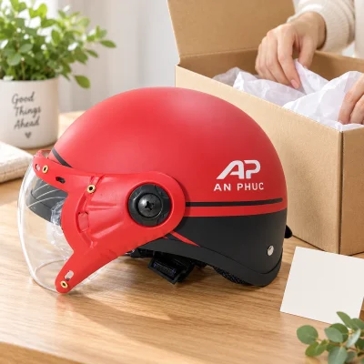 Mũ bảo hiểm 1/2 ABS có kính phối đỏ đen – chuẩn bị hộp quà và giữ thông tin đi kèm