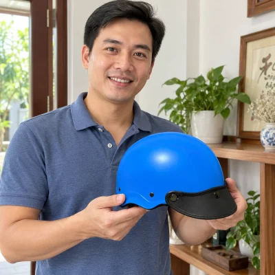 Mũ bảo hiểm 1/2 màu xanh không lỗ thông gió – hình dung tỷ lệ khi cầm xem mẫu