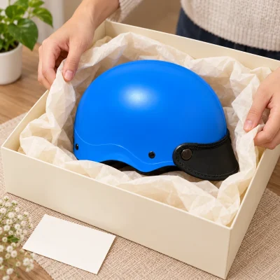 Mũ bảo hiểm 1/2 màu xanh không lỗ thông gió – chuẩn bị hộp theo đúng kích thước chiếc mẫu