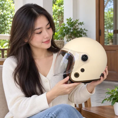 Mũ bảo hiểm 3/4 ABS màu kem có kính – xem mẫu cầm trên tay trước khi chọn cỡ