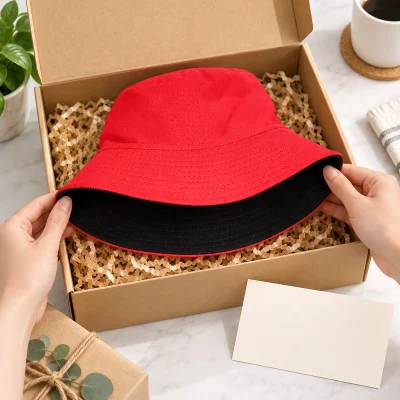 Mũ bucket cotton hai lớp phối đỏ đen – chuẩn bị từng chiếc mũ thành quà