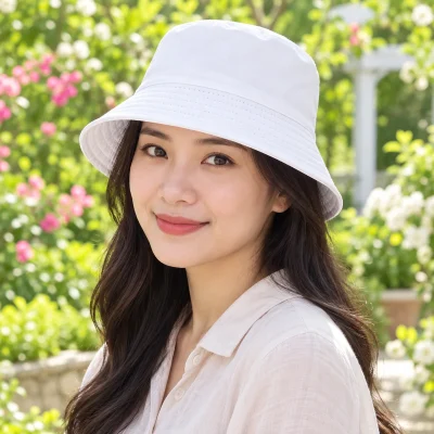 Mũ bucket cotton một lớp màu trắng – hình dung dáng bucket khi đội