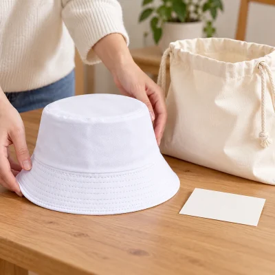 Mũ bucket cotton một lớp màu trắng – chuẩn bị quà với túi hoặc hộp riêng