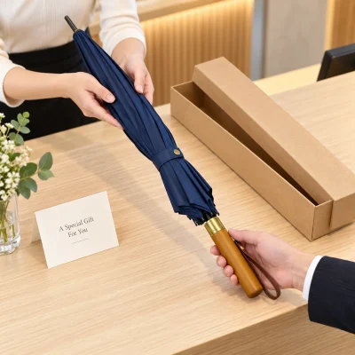 Ô dù cán thẳng R70 tay gỗ xanh đậm – trao ô dài với bao bì theo chương trình