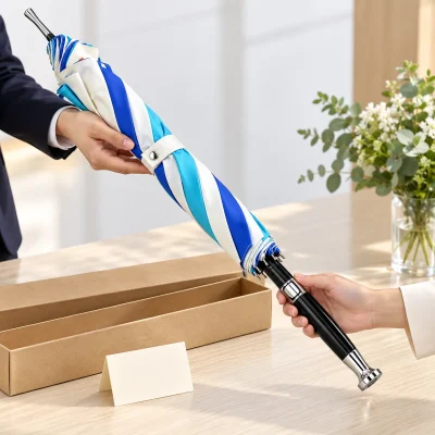Ô dù cán thẳng R75 tám múi xanh phối trắng – trao ô dài cùng phương án đóng quà