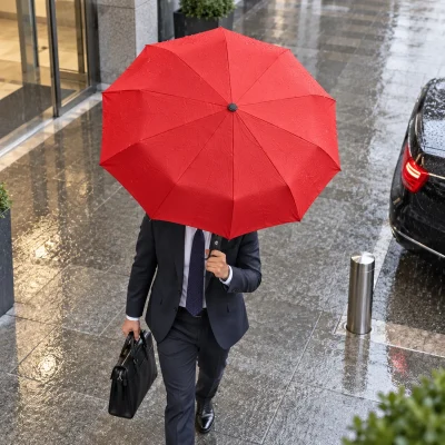 Cảnh một người mang ô đỏ 10 múi khi đi từ sảnh đến điểm đón