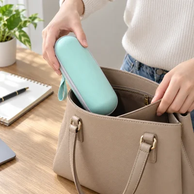 Cảnh đặt hộp ô xanh mint dạng viên nang vào túi cá nhân