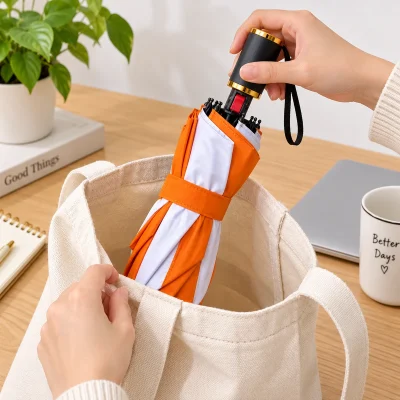 Ô dù gấp ba tự đẩy 3F008NT cam phối trắng – cân ô thu gọn với túi đi làm