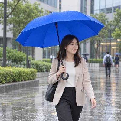 Cảnh người cầm ô GN.TĐ xanh dương khi đi bộ dưới mưa nhẹ