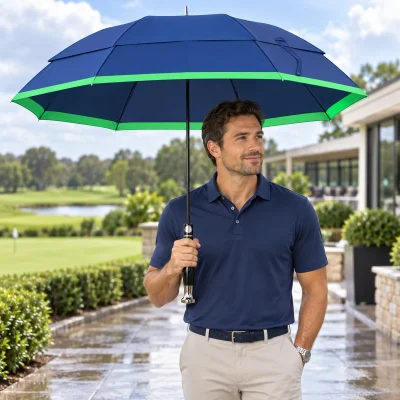 Ô dù golf cán thẳng hai tầng xanh đậm viền xanh lá – hình dung ô tại khuôn viên hoạt động