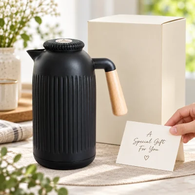 Phích giữ nhiệt La Fonte 011679 1 lít đen, tay cầm gỗ – phối bộ quà gia dụng cùng hộp và thiệp